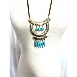 Faux Turquoise Beaded Hammered Gold Tone Southwestern Boho Fashion Necklace 25”